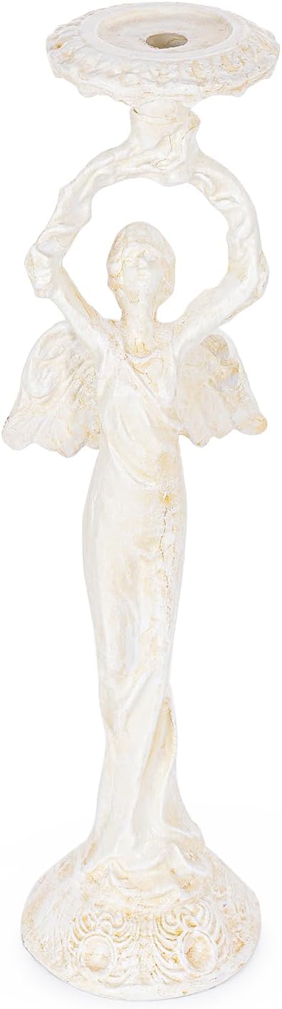 Sungmor Vintage Cast Iron Angel Candlestick Holder - 22.6 Inch Tall Heavy Duty Antique White Candle Stand for Taper or Pillar Candles - Decorative Sculpture for Home, Altar, Gothic Décor