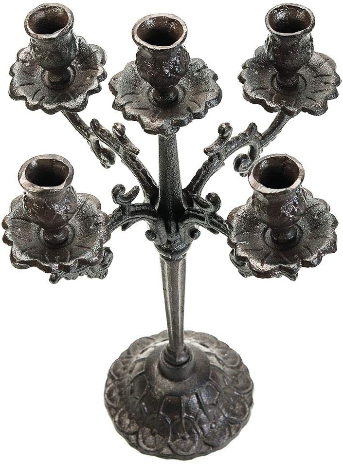 Sungmor Heavy Duty Cast Iron Candlestick Holders - Handcrafted Vintage Candelabra - 17Inch Tall & 5 Arms Candle Holders - Decorative Pillar Candle Stand for Christmas Birthday Wedding Home Party