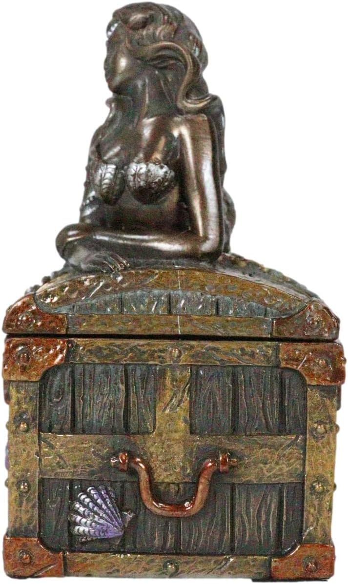 Ebros Bronzed Mermaid Nerida Resting On Sunken Treasure Jewelry Box Figurine 5.25"L Decorative Trinket Keepsake (Faux Bronze Patina)