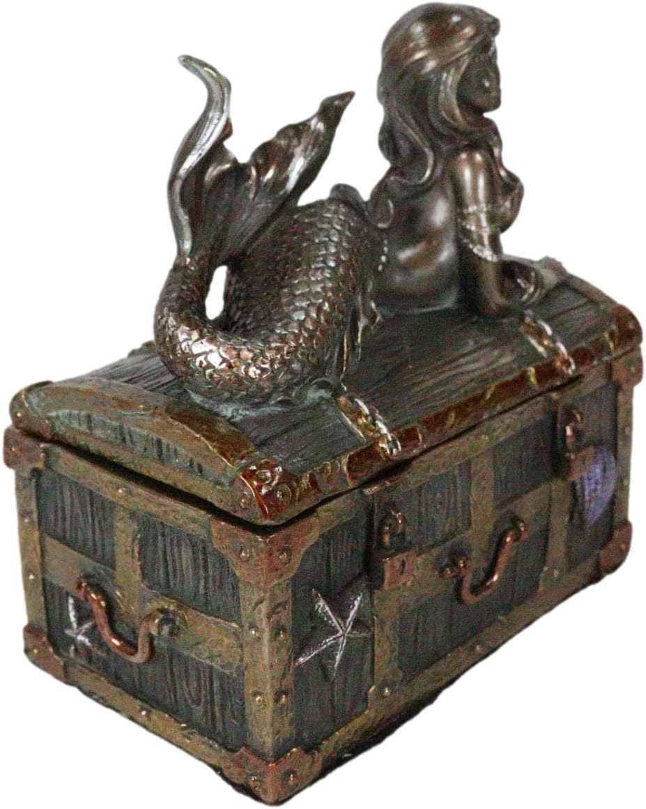 Ebros Bronzed Mermaid Nerida Resting On Sunken Treasure Jewelry Box Figurine 5.25"L Decorative Trinket Keepsake (Faux Bronze Patina)