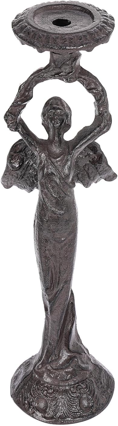 Sungmor Vintage Cast Iron Angel Candlestick Holder - 22.6 Inch Tall Heavy Duty Antique Black Candle Stand for Taper or Pillar Candles - Decorative Sculpture for Home, Altar, Gothic Décor
