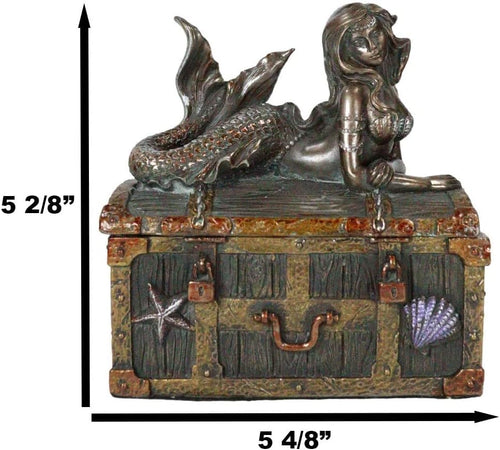 Ebros Bronzed Mermaid Nerida Resting On Sunken Treasure Jewelry Box Figurine 5.25"L Decorative Trinket Keepsake (Faux Bronze Patina)