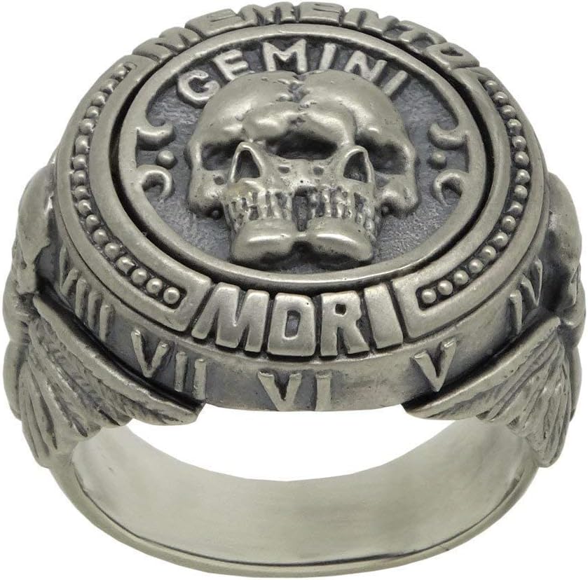 Gemini Zodiac Skull Horoscope Memento Mori masonic men’s Sterling Silver 925 Biker Ring