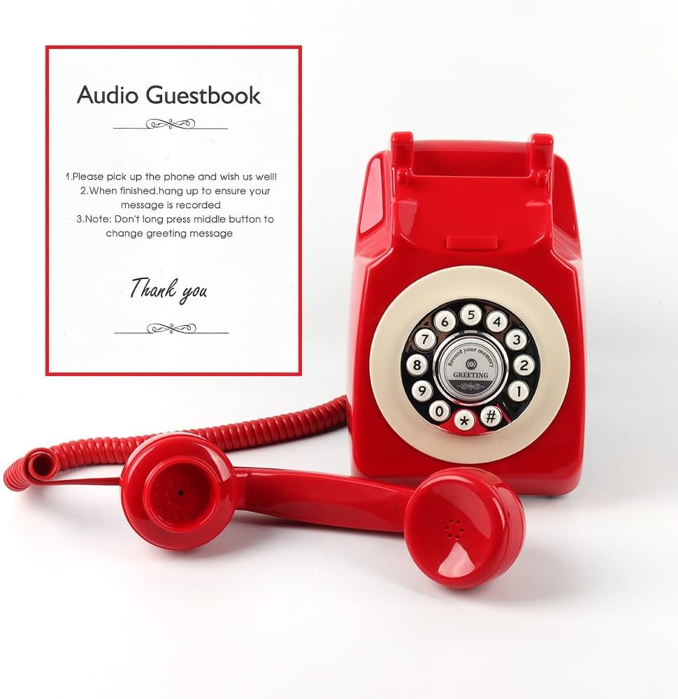 Vintage Old Fashioned Phone with Audio Recording Function for Weddings,Parties,Celebrations,Audio GuestBook Telephone Recording Messages Left by Attendees at Your Special Event (Red)