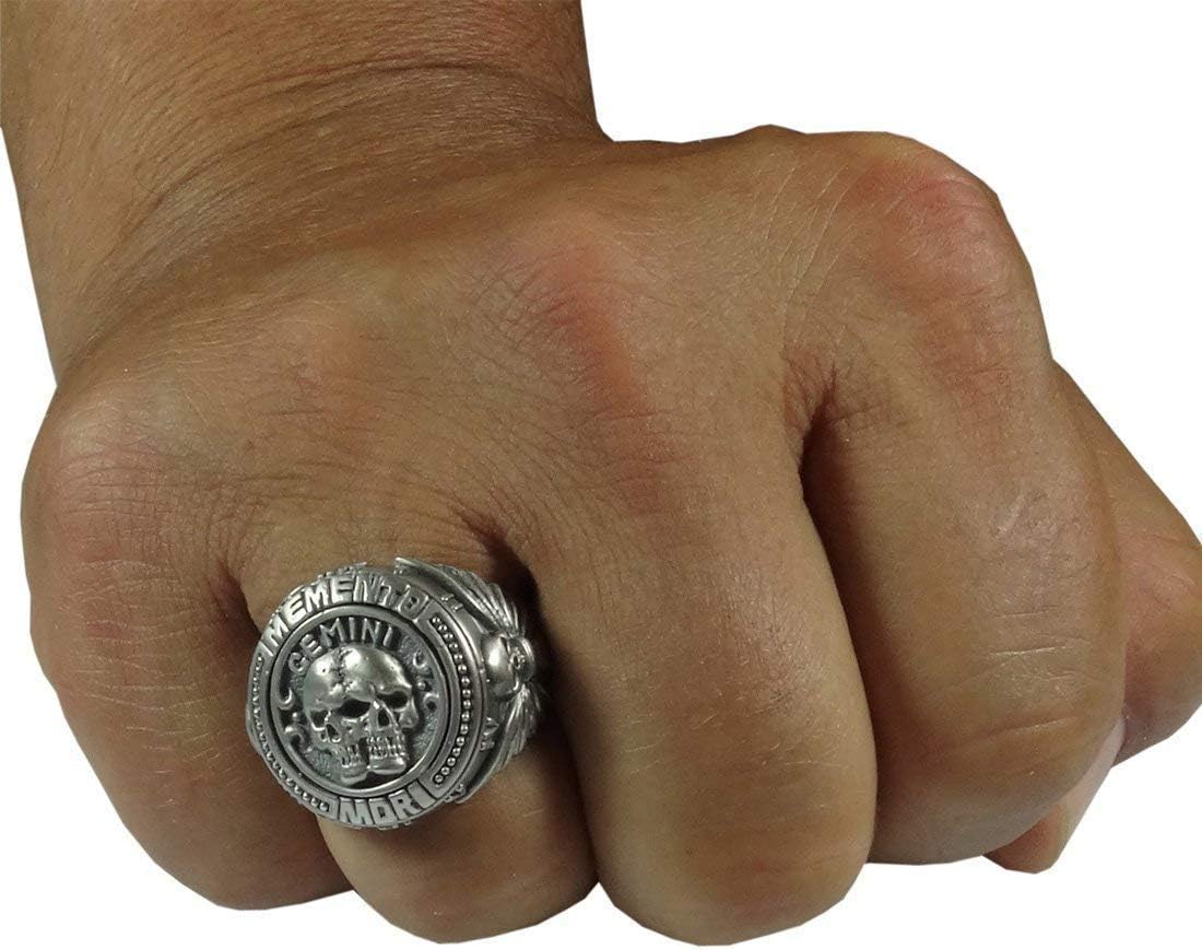 Gemini Zodiac Skull Horoscope Memento Mori masonic men’s Sterling Silver 925 Biker Ring