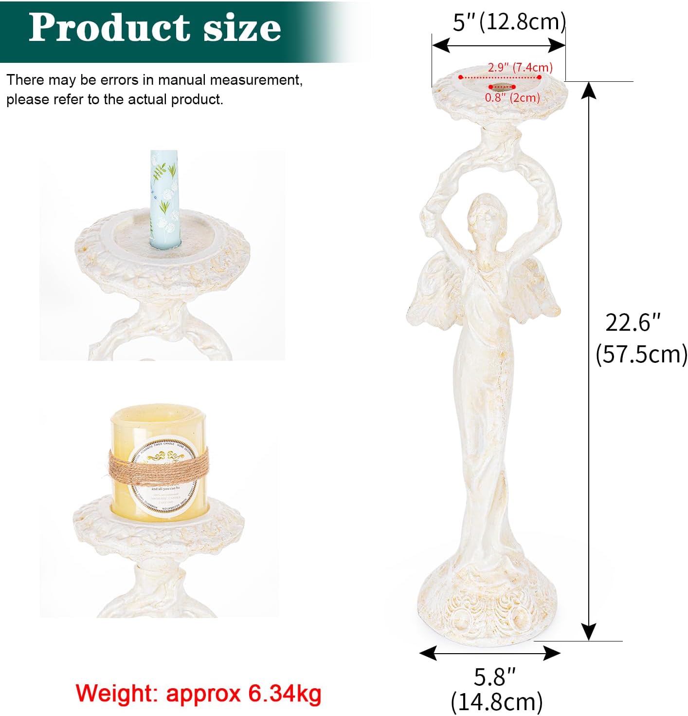 Sungmor Vintage Cast Iron Angel Candlestick Holder - 22.6 Inch Tall Heavy Duty Antique White Candle Stand for Taper or Pillar Candles - Decorative Sculpture for Home, Altar, Gothic Décor