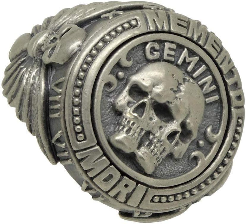Gemini Zodiac Skull Horoscope Memento Mori masonic men’s Sterling Silver 925 Biker Ring
