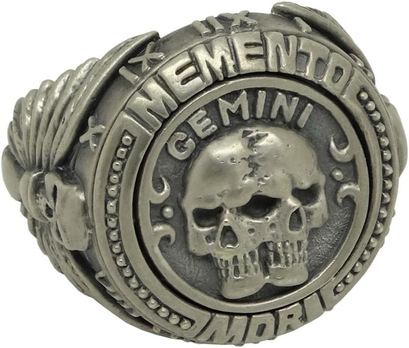 Gemini Zodiac Skull Horoscope Memento Mori masonic men’s Sterling Silver 925 Biker Ring