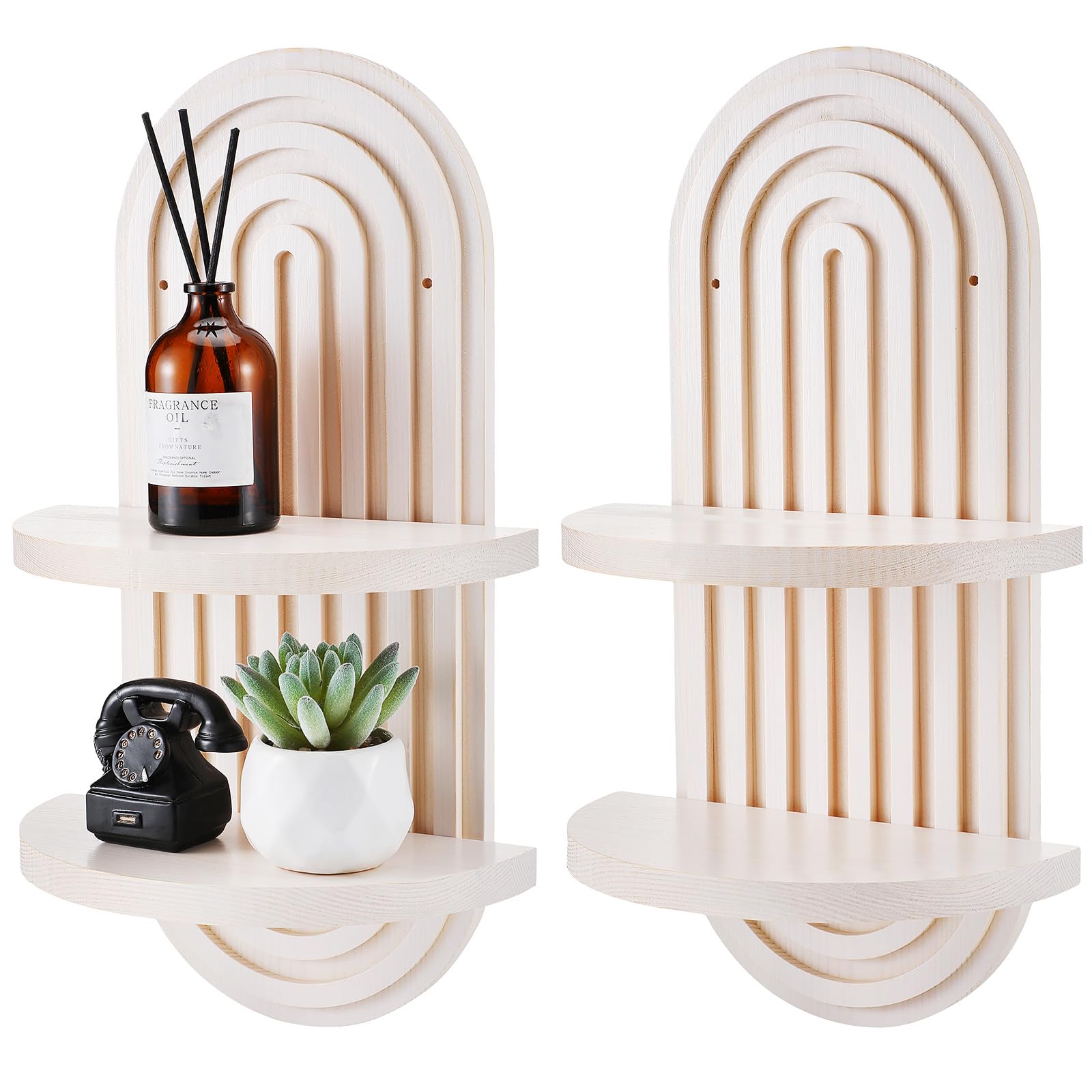Wenqik 2 Pcs Boho Wall Shelf Rainbow Arch Wooden Floating Shelf Mid Century Bohemian Hanging Holder Double Vintage Wall Mount Altar Decor for Nursery Bedroom 15.75 x 6.69 Inches(Brown)