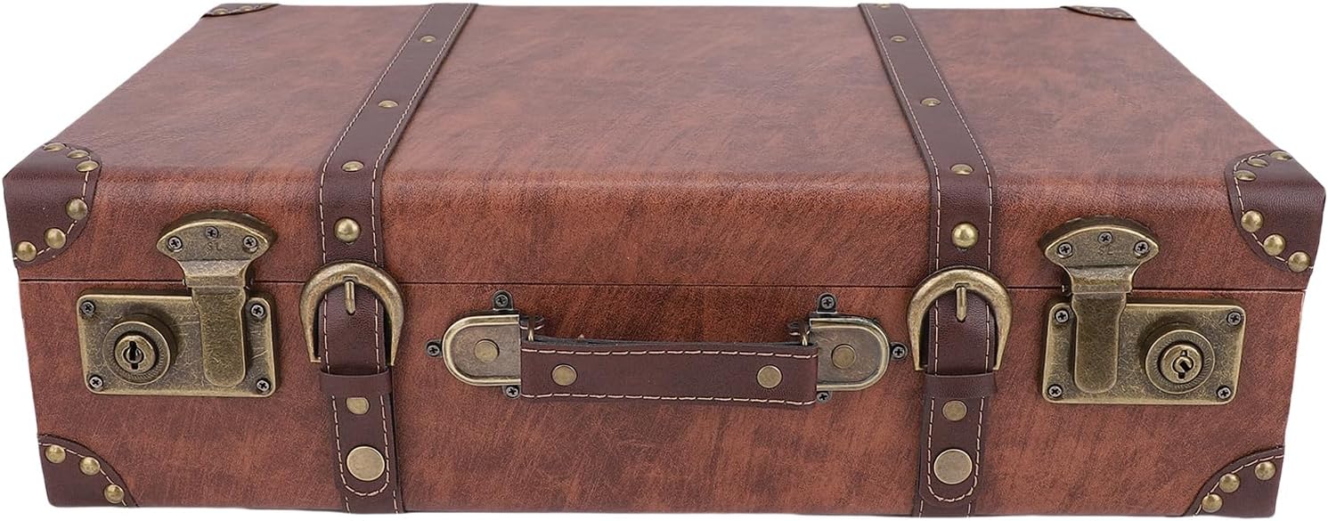 Luqeeg Decorative Suitcase, Vintage Treasure Chest with Leather Handle, Storage Box for Photo Props, Keepsakes, Crafts, Mementos, Jewelry