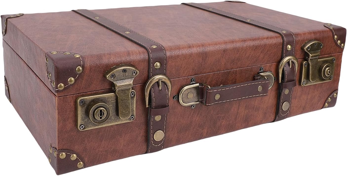 Luqeeg Decorative Suitcase, Vintage Treasure Chest with Leather Handle, Storage Box for Photo Props, Keepsakes, Crafts, Mementos, Jewelry