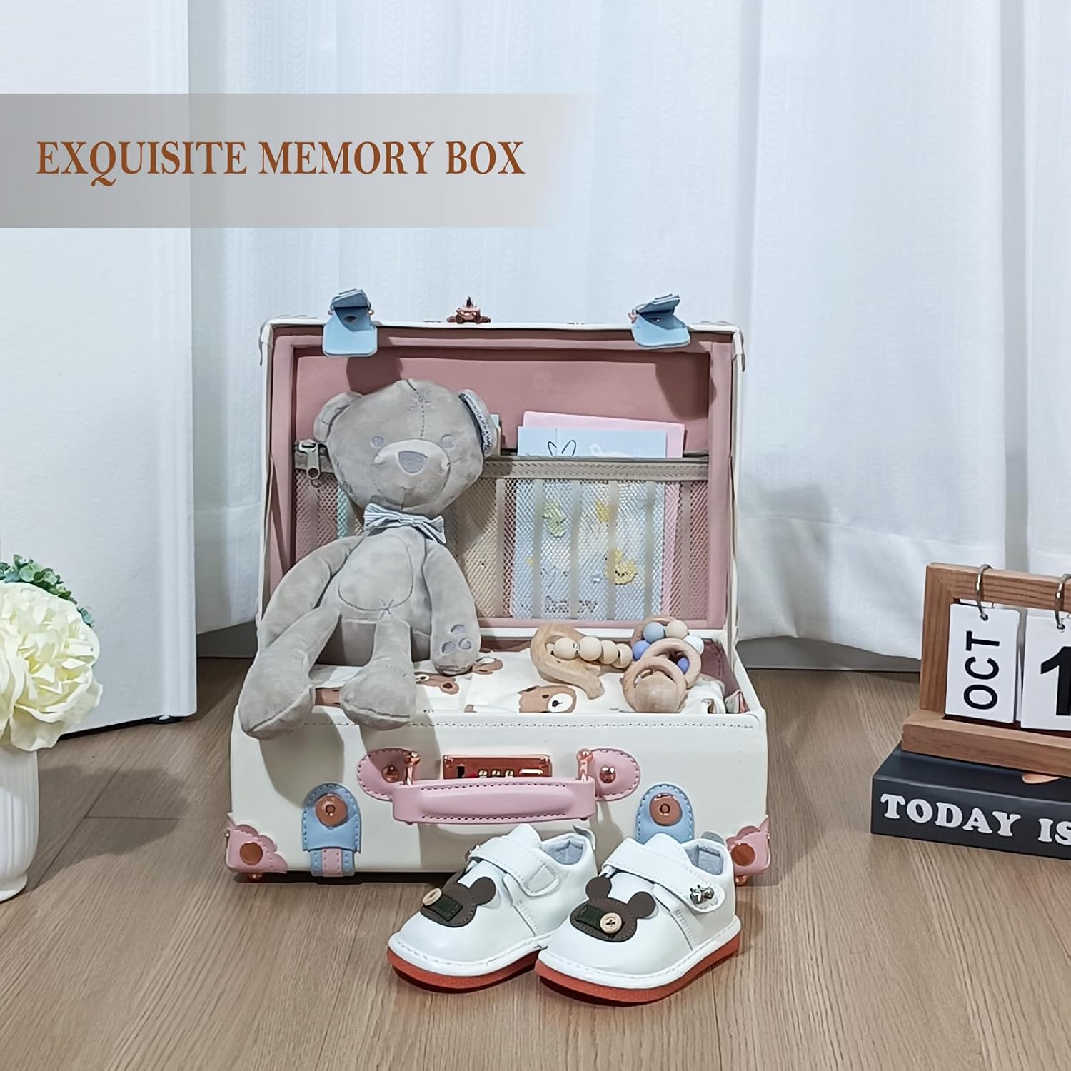 Unitravel Baby Keepsake Case, Handmade Memory Storage Box, Newborn Keepsake Box, Vintage Suitcase for Baby Shower, Baptism, Naming Ceremony or Birthday