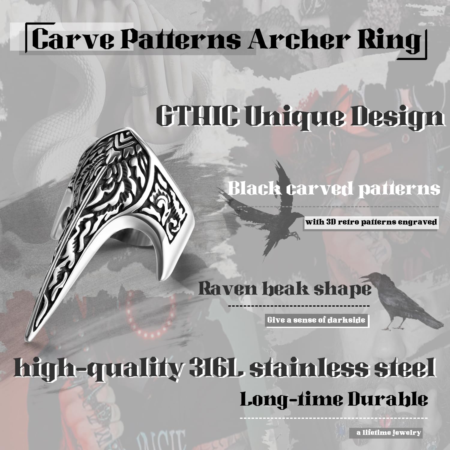 GTHIC Stainless Steel Thumb Ring For Men Women Vintage Eagle Beak Goth Rings Archer Ring Fashion memento mori ring Animal Jewelry Gifts Size 7-13