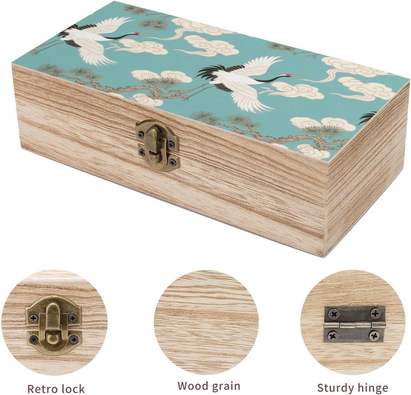 Vintage Wooden Storage Box Elegant Decorative Storage Box Crane And Cloud Pattern Keepsake Box for Photos Mementos Office Supplies
