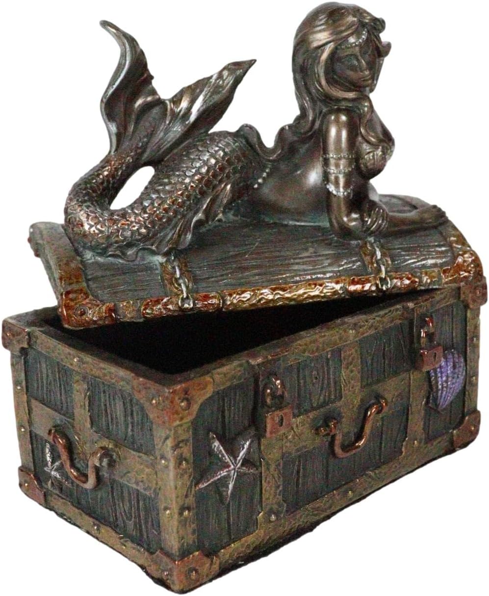 Ebros Bronzed Mermaid Nerida Resting On Sunken Treasure Jewelry Box Figurine 5.25"L Decorative Trinket Keepsake (Faux Bronze Patina)