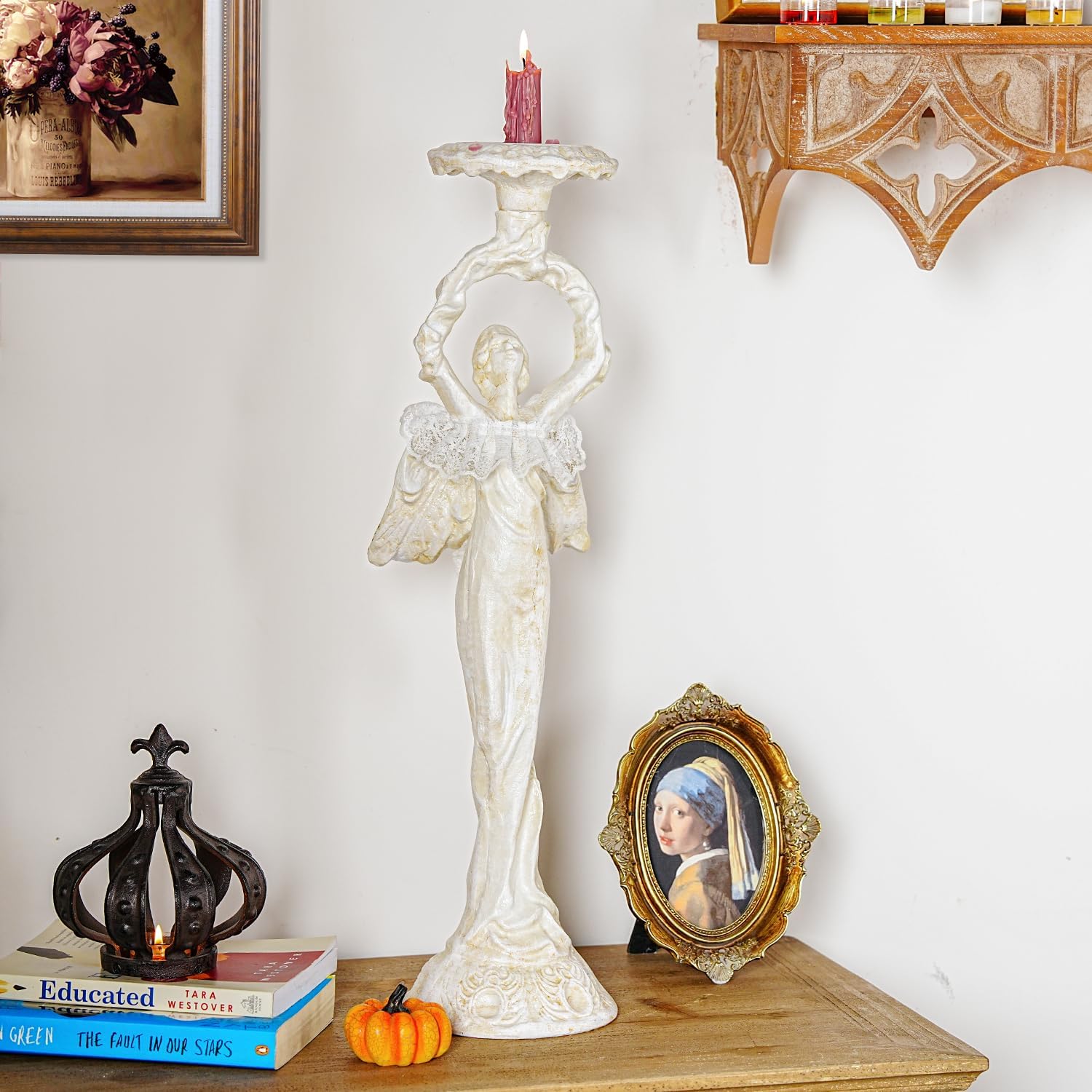 Sungmor Vintage Cast Iron Angel Candlestick Holder - 22.6 Inch Tall Heavy Duty Antique White Candle Stand for Taper or Pillar Candles - Decorative Sculpture for Home, Altar, Gothic Décor