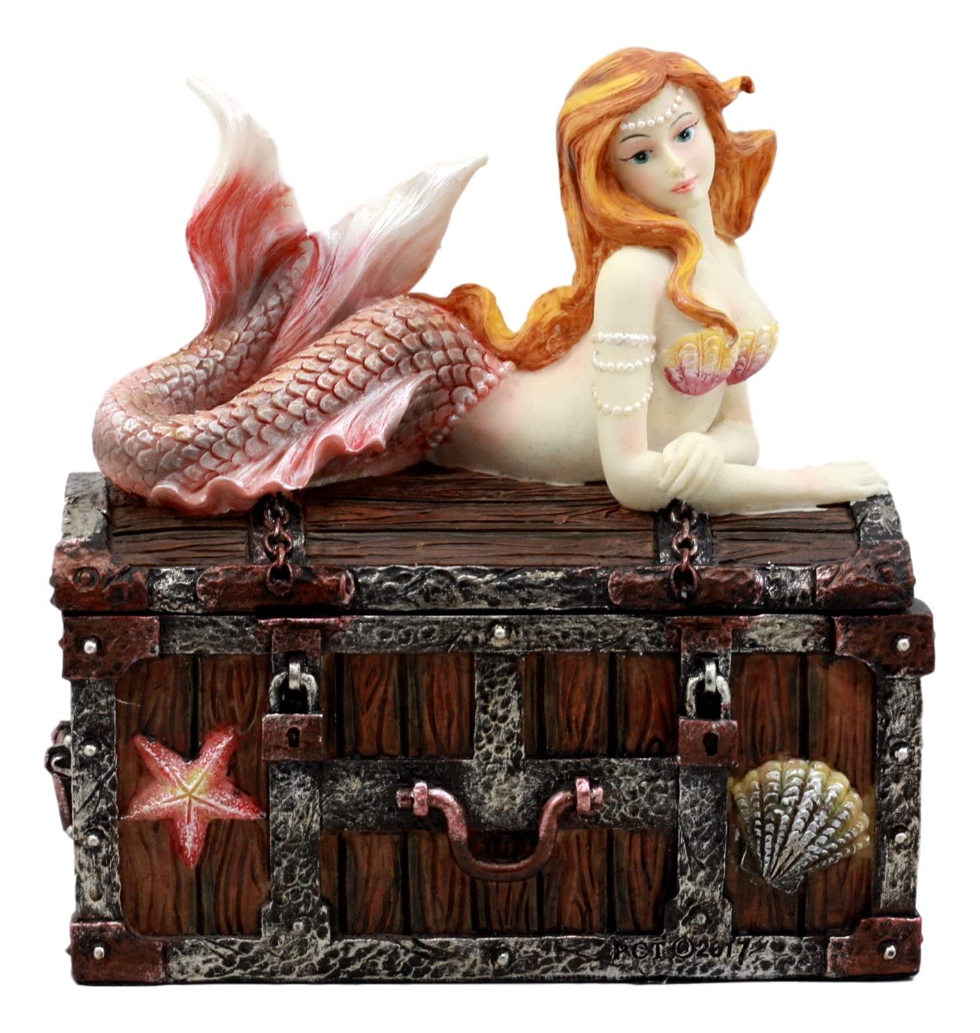 Ebros Bronzed Mermaid Nerida Resting On Sunken Treasure Jewelry Box Figurine 5.25"L Decorative Trinket Keepsake (Faux Bronze Patina)