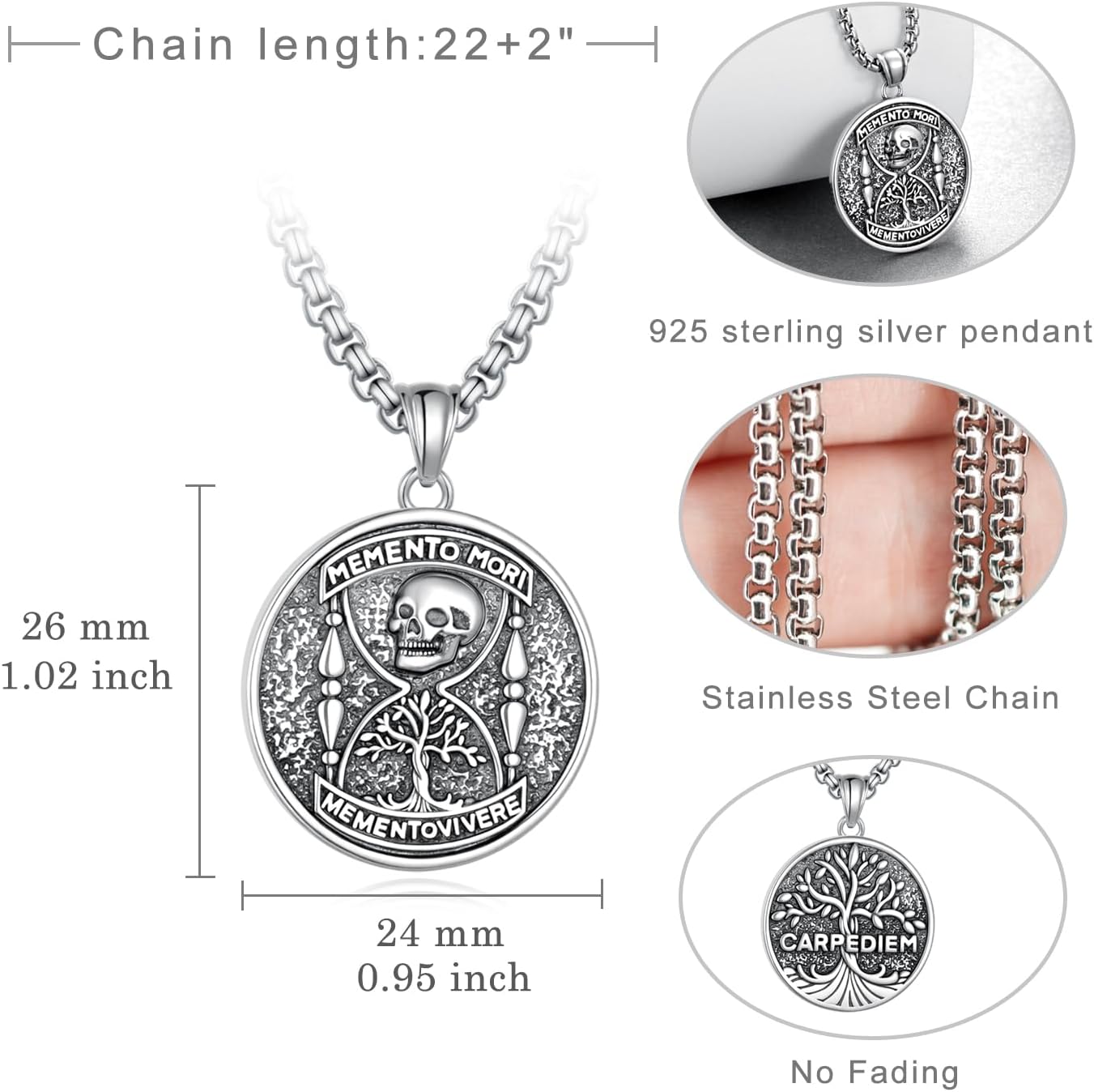Memento Mori Necklace 925 Sterling Silver Tree of Life Memento Mori Necklace Skull Jewelry Gifts for Men