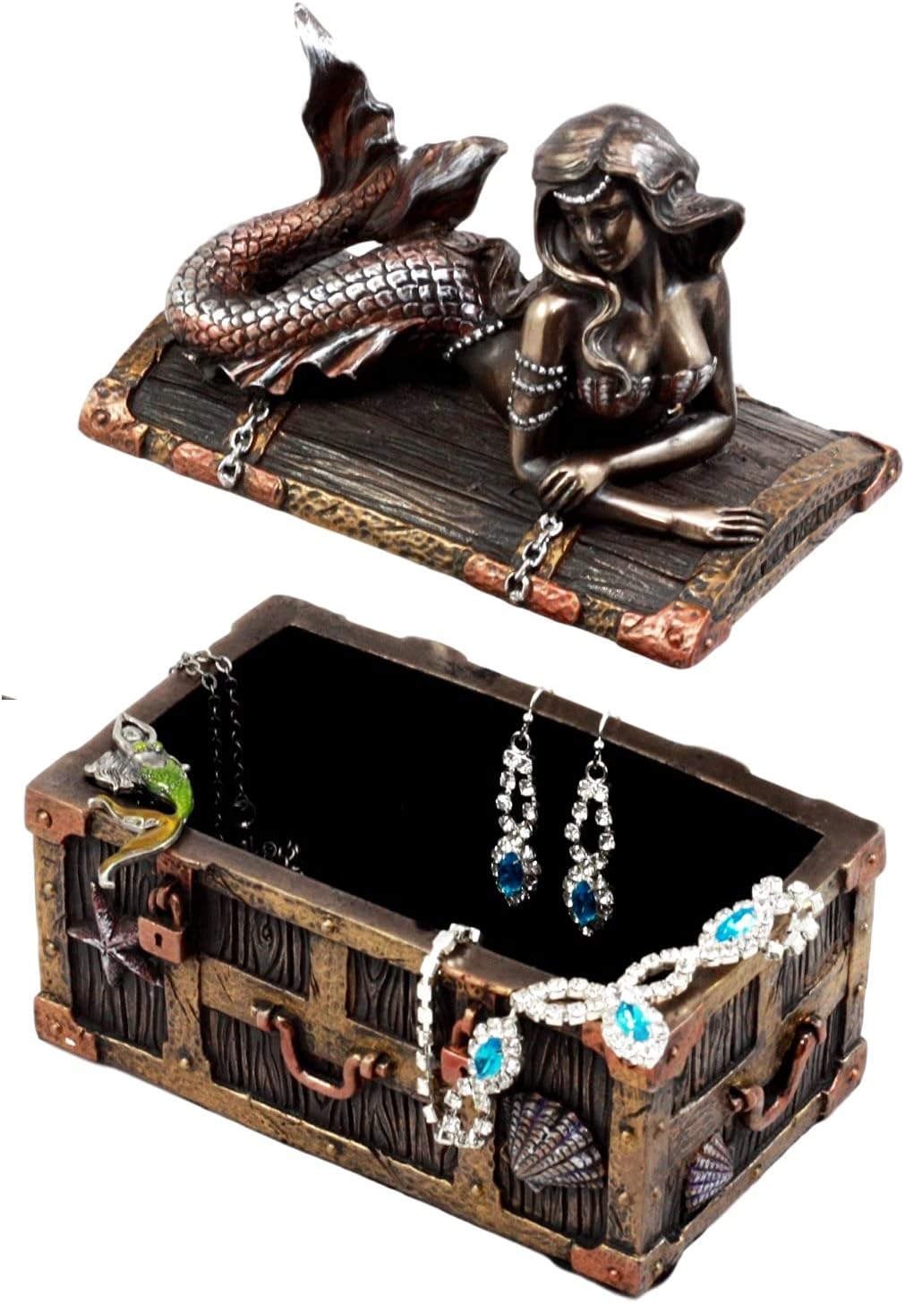 Ebros Bronzed Mermaid Nerida Resting On Sunken Treasure Jewelry Box Figurine 5.25"L Decorative Trinket Keepsake (Faux Bronze Patina)