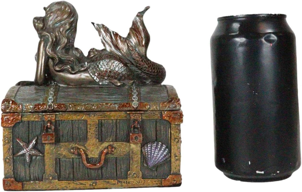 Ebros Bronzed Mermaid Nerida Resting On Sunken Treasure Jewelry Box Figurine 5.25"L Decorative Trinket Keepsake (Faux Bronze Patina)