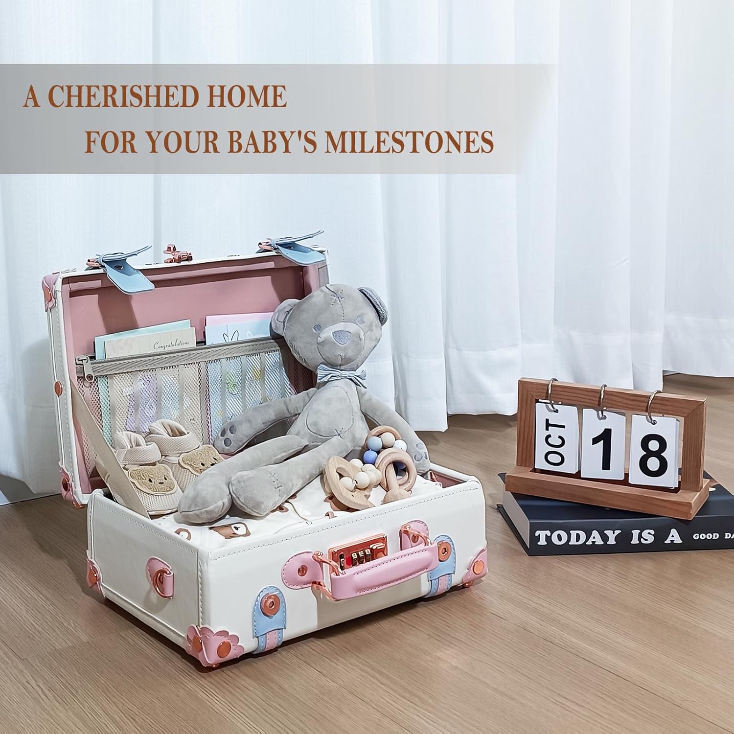 Unitravel Baby Keepsake Case, Handmade Memory Storage Box, Newborn Keepsake Box, Vintage Suitcase for Baby Shower, Baptism, Naming Ceremony or Birthday