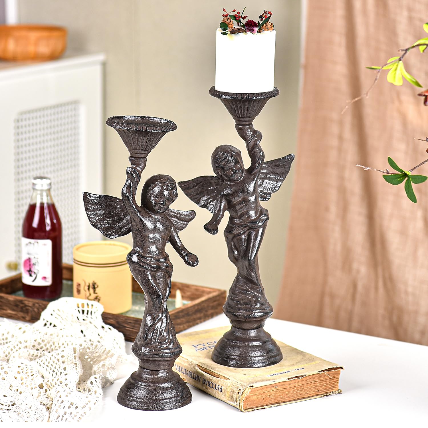 Sungmor Heavy Duty Cast Iron Candlestick Holders - Handcrafted Vintage Candelabra - 17Inch Tall & 5 Arms Candle Holders - Decorative Pillar Candle Stand for Christmas Birthday Wedding Home Party