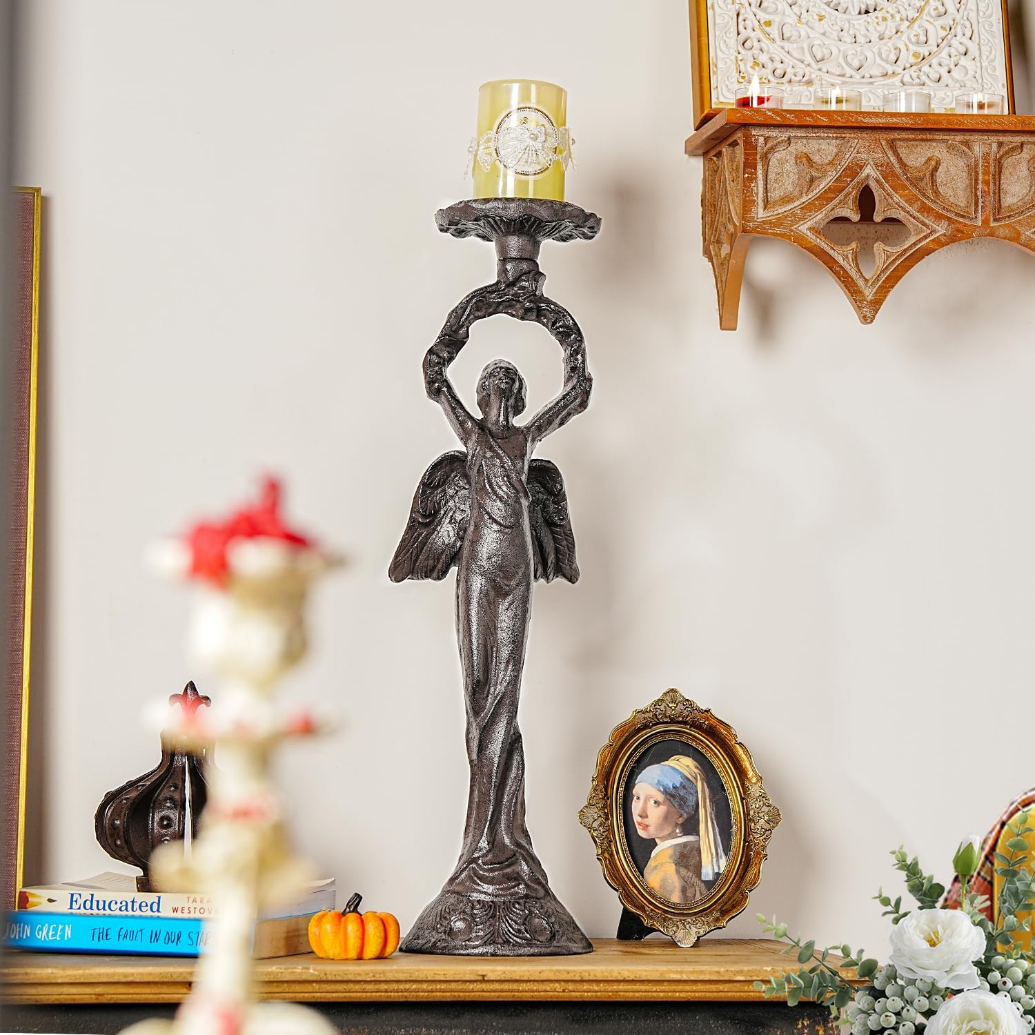 Sungmor Vintage Cast Iron Angel Candlestick Holder - 22.6 Inch Tall Heavy Duty Antique Black Candle Stand for Taper or Pillar Candles - Decorative Sculpture for Home, Altar, Gothic Décor