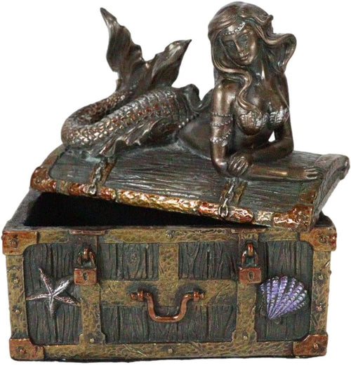 Ebros Bronzed Mermaid Nerida Resting On Sunken Treasure Jewelry Box Figurine 5.25"L Decorative Trinket Keepsake (Faux Bronze Patina)
