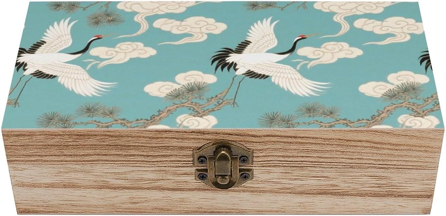 Vintage Wooden Storage Box Elegant Decorative Storage Box Crane And Cloud Pattern Keepsake Box for Photos Mementos Office Supplies