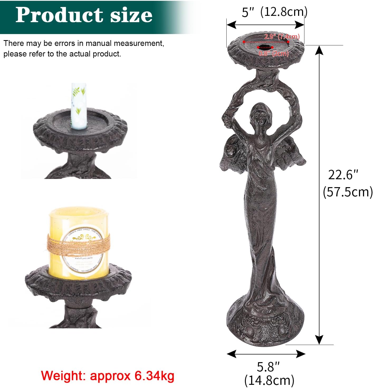 Sungmor Vintage Cast Iron Angel Candlestick Holder - 22.6 Inch Tall Heavy Duty Antique Black Candle Stand for Taper or Pillar Candles - Decorative Sculpture for Home, Altar, Gothic Décor