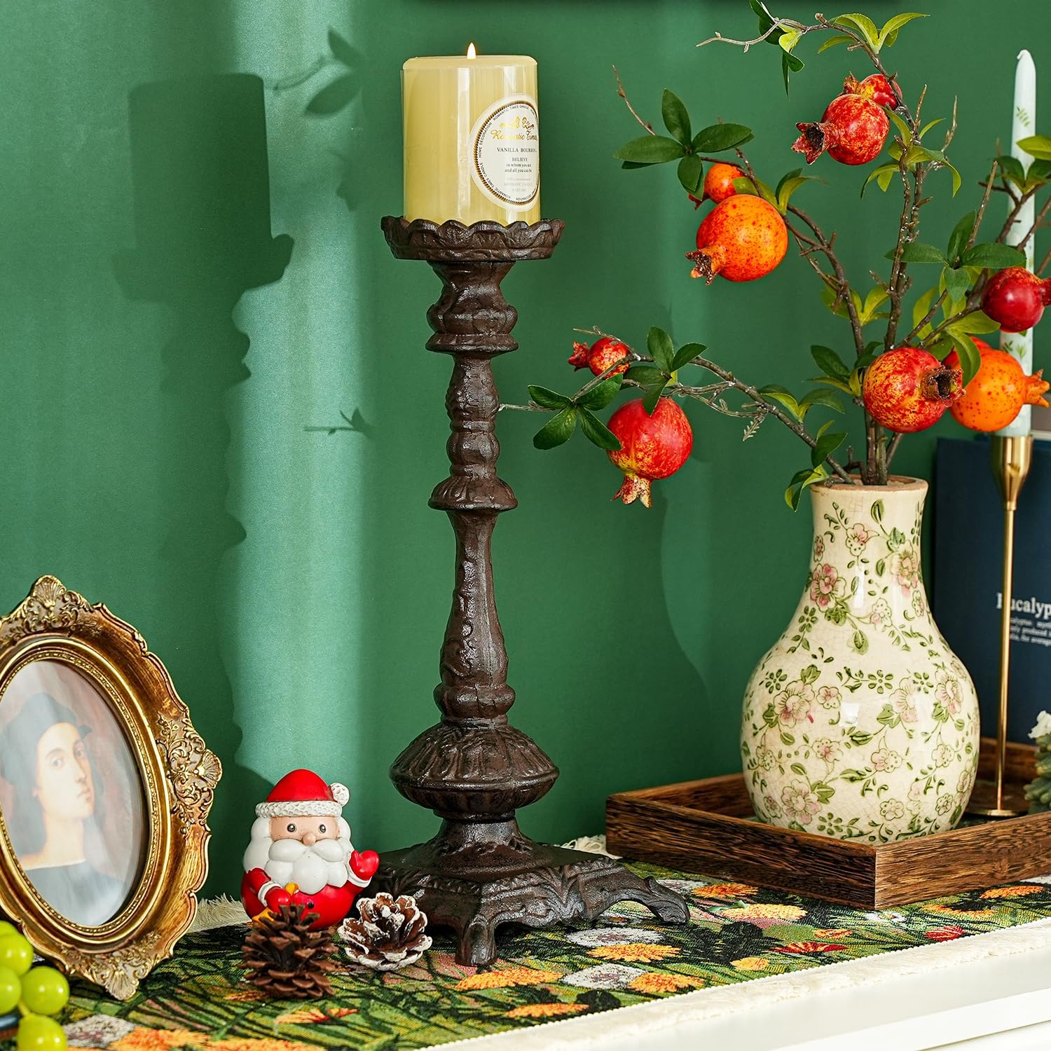 Sungmor Heavy Duty Cast Iron Candlestick Holders - Handcrafted Vintage Candelabra - 37CM/15Inch Tall 1-Head Candle Holder - Decorative Pillar Candle Stand for Christmas Birthday Wedding Home Party