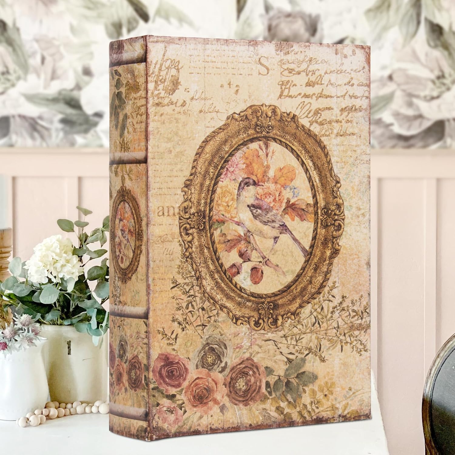 Decorative Vintage Style Fake Book Flowers Pattern Faux Leather Embossed Victorian Book Storage Box 3-04