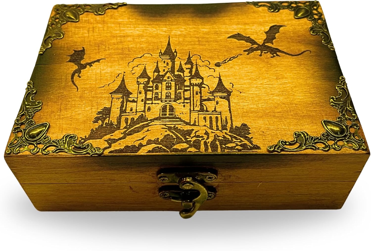 Wooden Jewelry Box with Dragon Castle Design, Maple Hardwood, Decorative Burned Accents, Vintage Style Latch (8.3x6x2.7in (with name))