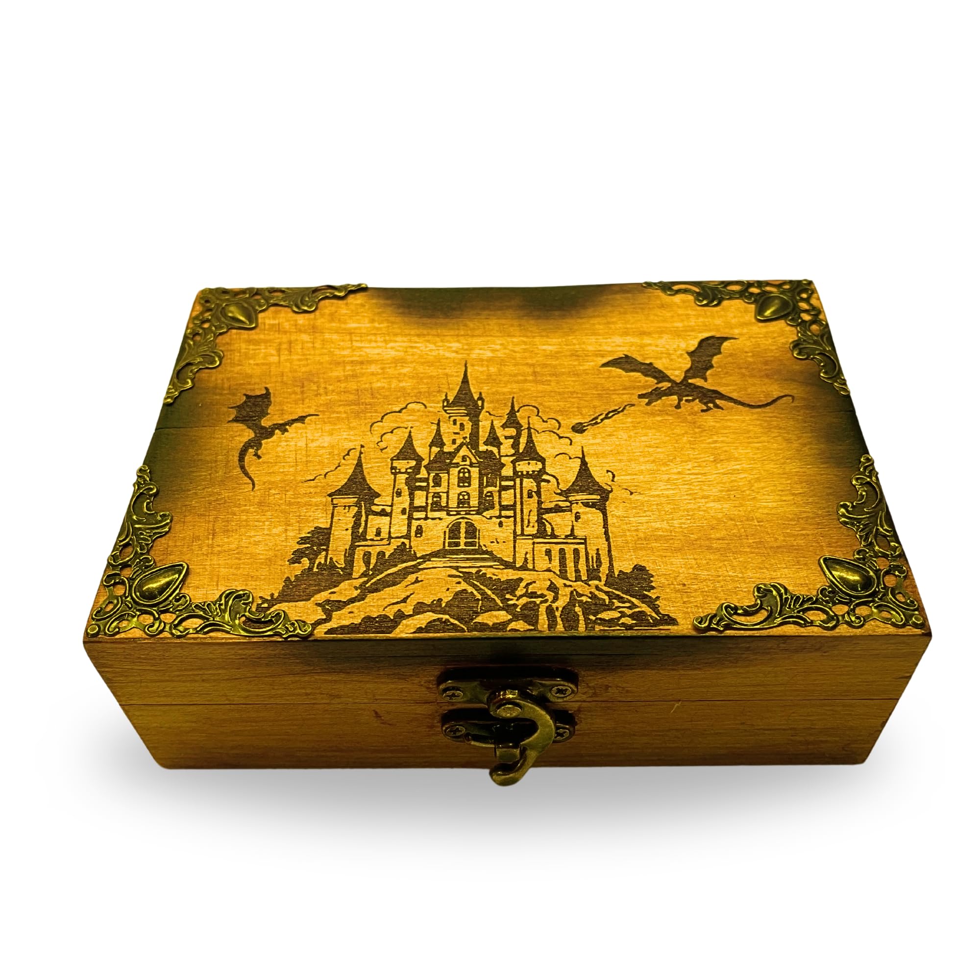Wooden Jewelry Box with Dragon Castle Design, Maple Hardwood, Decorative Burned Accents, Vintage Style Latch (8.3x6x2.7in (with name))