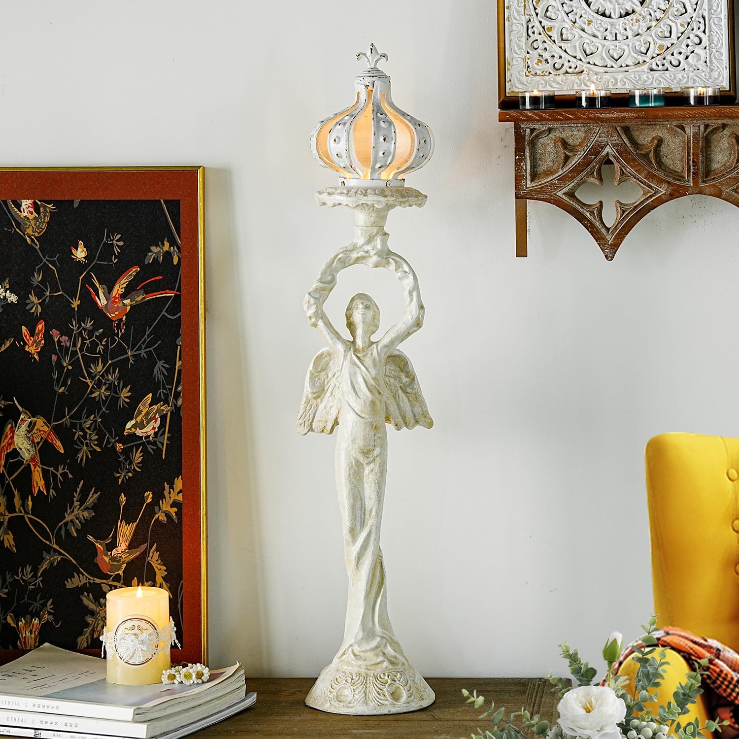 Sungmor Vintage Cast Iron Angel Candlestick Holder - 22.6 Inch Tall Heavy Duty Antique White Candle Stand for Taper or Pillar Candles - Decorative Sculpture for Home, Altar, Gothic Décor
