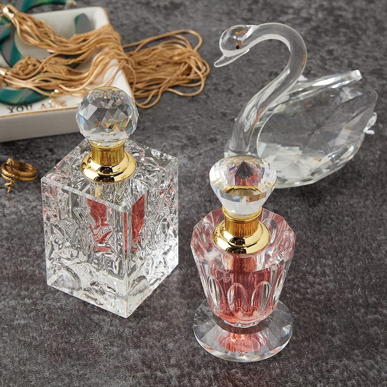 Okuna Outpost Crystal Refillable Perfume Bottle Set of 2 - Transparent Vintage Glass - Empty Vials for Fragrance & Essential Oils - Antique-Style Spray Containers
