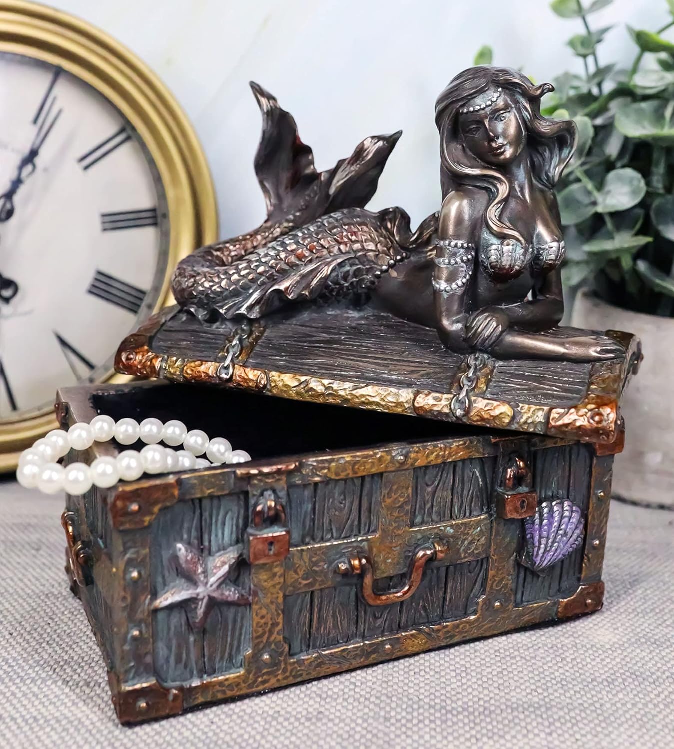 Ebros Bronzed Mermaid Nerida Resting On Sunken Treasure Jewelry Box Figurine 5.25"L Decorative Trinket Keepsake (Faux Bronze Patina)