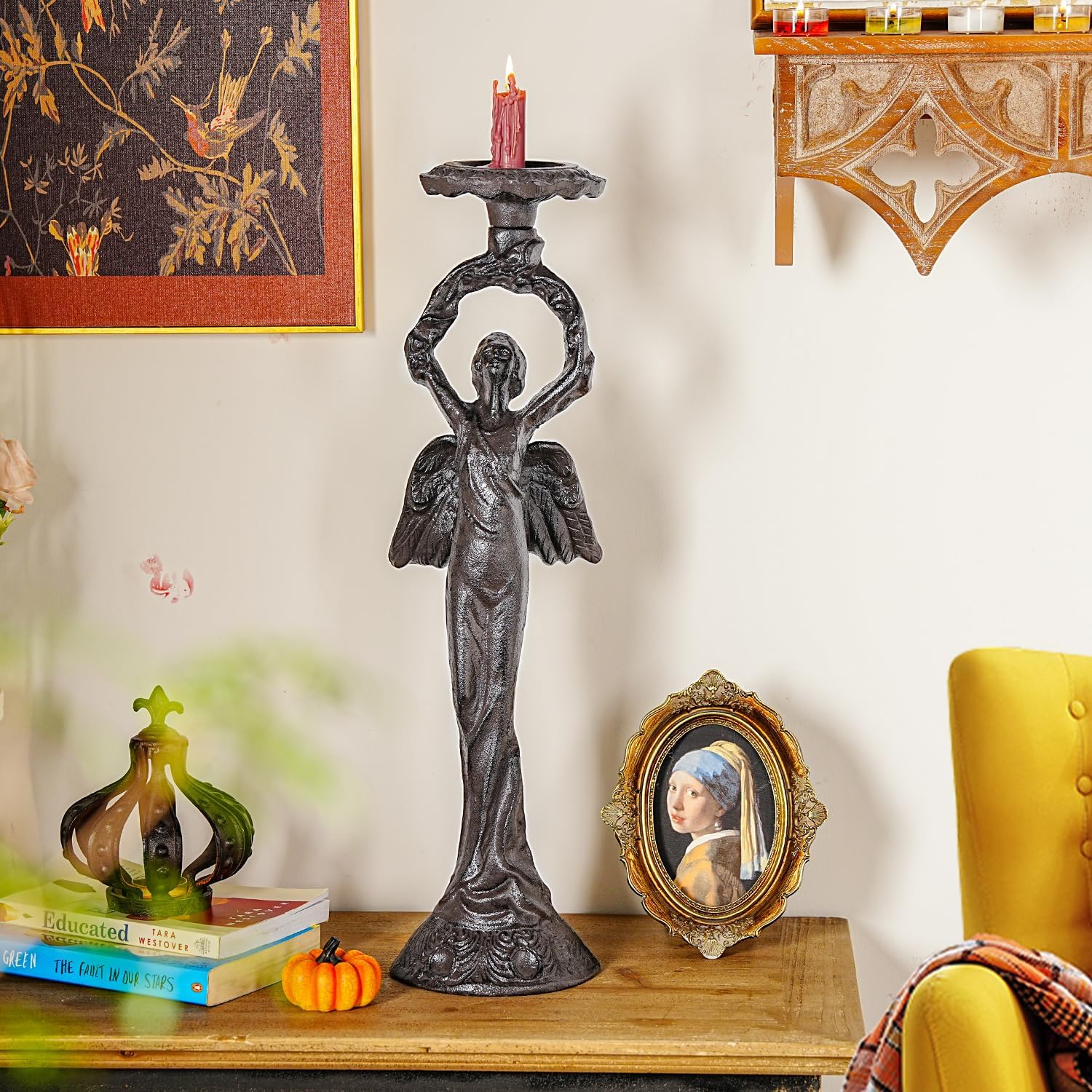 Sungmor Vintage Cast Iron Angel Candlestick Holder - 22.6 Inch Tall Heavy Duty Antique Black Candle Stand for Taper or Pillar Candles - Decorative Sculpture for Home, Altar, Gothic Décor