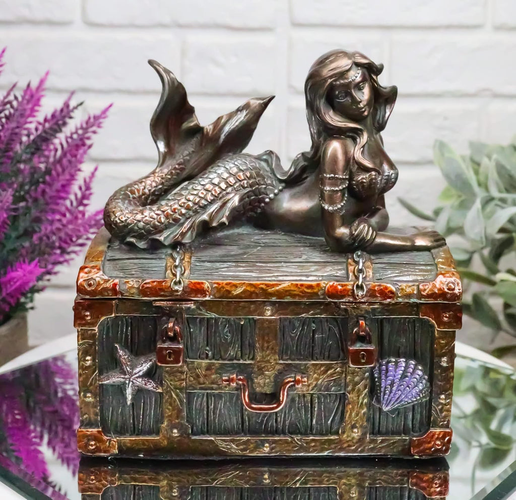 Ebros Bronzed Mermaid Nerida Resting On Sunken Treasure Jewelry Box Figurine 5.25"L Decorative Trinket Keepsake (Faux Bronze Patina)
