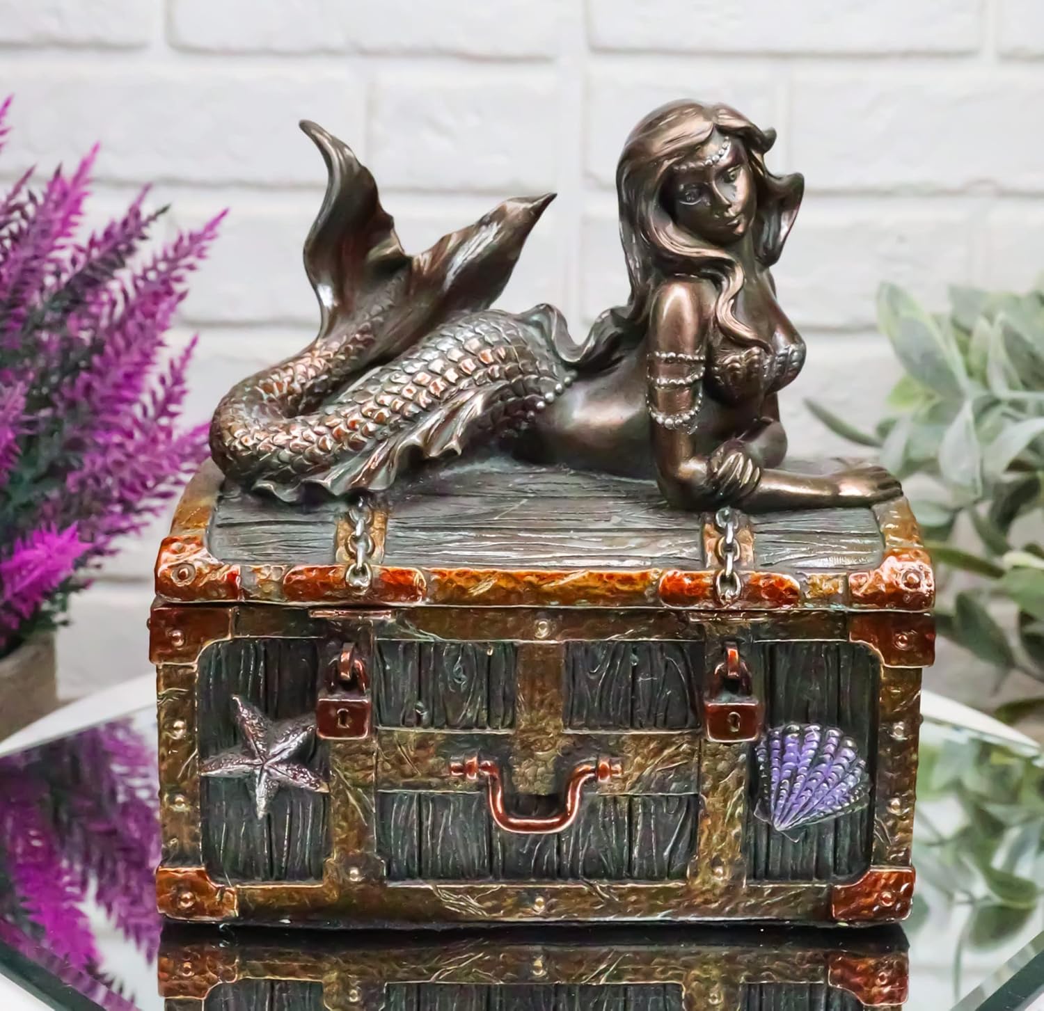 Ebros Bronzed Mermaid Nerida Resting On Sunken Treasure Jewelry Box Figurine 5.25"L Decorative Trinket Keepsake (Faux Bronze Patina)