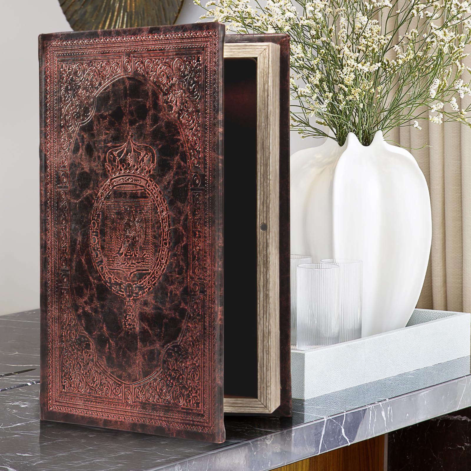 Decorative Vintage Style Fake Book Flowers Pattern Faux Leather Embossed Victorian Book Storage Box 3-04