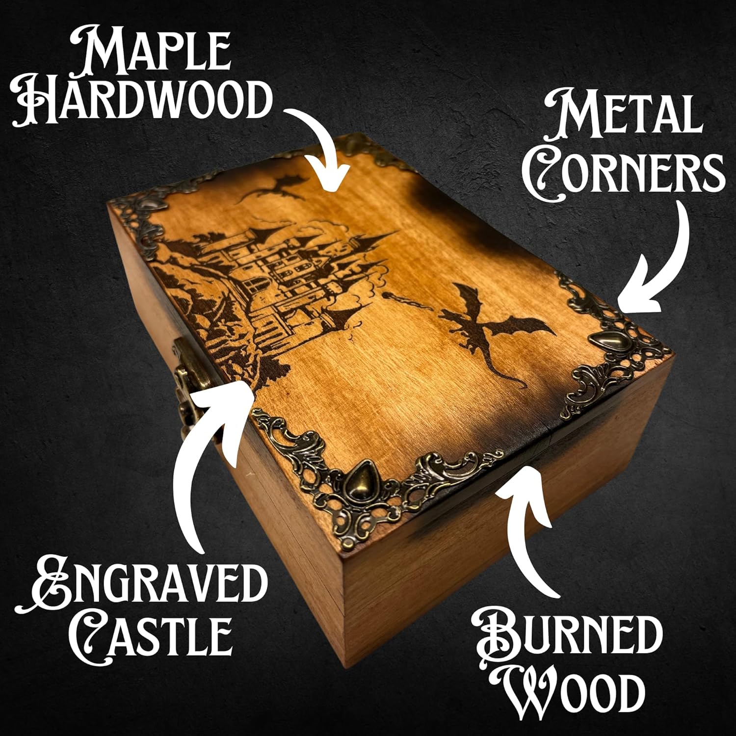 Wooden Jewelry Box with Dragon Castle Design, Maple Hardwood, Decorative Burned Accents, Vintage Style Latch (8.3x6x2.7in (with name))