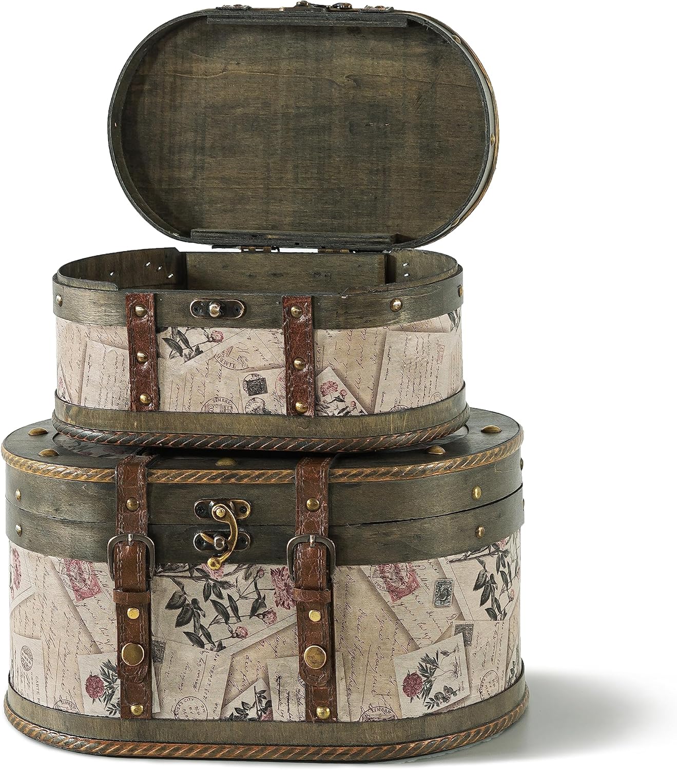 SLPR Alyssa Vintage Train Case - Set of 2, Antique Wooden Storage Boxes with Hinged Lids, Old Fashioned Decorative Wood Trunk, Memory Chest for Keepsakes and Home Décor