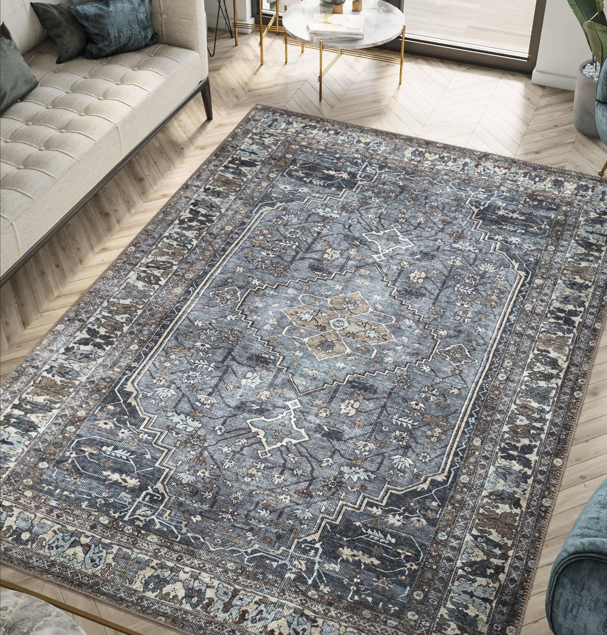 Keen Home Design 3x5 Rug - Machine Washable Entry Rug with Non-Slip Backing, Ideal for Enteryway, Kitchen, Bathroom, Laundry Room - Vintage, Easy Clean, Durable, Low Pile Rug - (3' x 5')